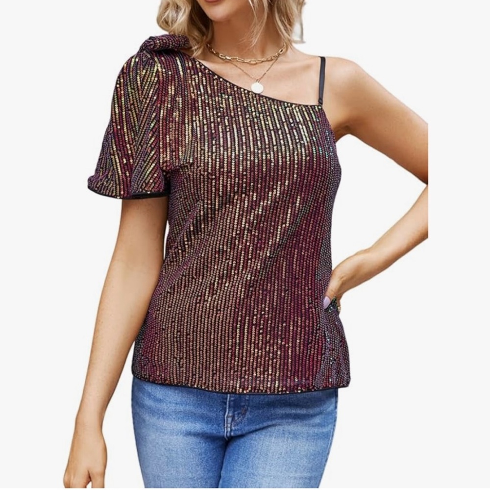 Sequin One-Shoulder Slimming Sexy Asymmetrical Party Top